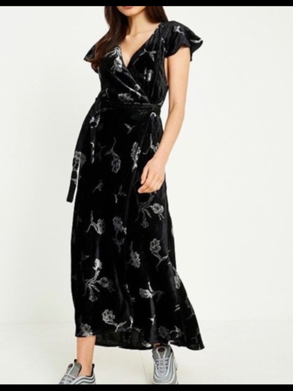 Urban Outfitters Black Floral Velvet Wrap Maxi Dress
